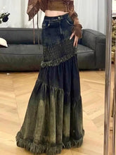 Vintage Denim Splice Smocked Mermaid Maxi Skirt